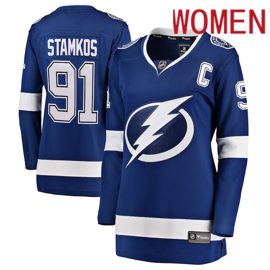 Women Tampa Bay Lightning #91 Steven Stamkos Fanatics Branded Blue Home Breakaway Player NHL Jersey->women nhl jersey->Women Jersey